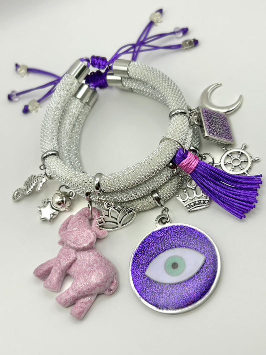 White Metallic Cord Multi-Charm Bracelet – Purple Evil Eye, Elephant & Good-Luck Symbols