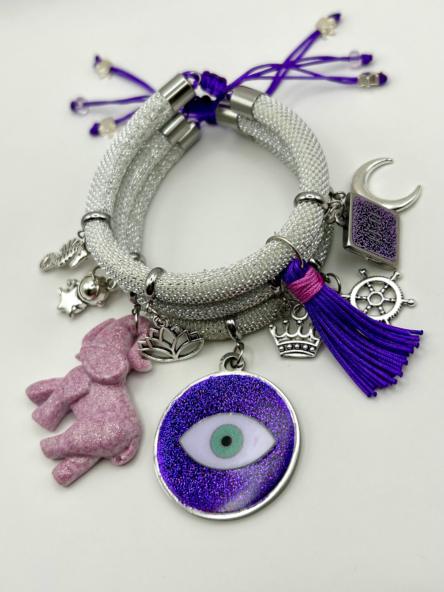 White Metallic Cord Multi-Charm Bracelet – Purple Evil Eye, Elephant & Good-Luck Symbols