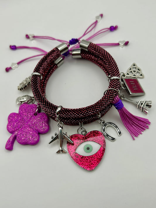 Pink Metallic Cord Multi-Charm Bracelet – Heart Evil Eye, Luck & Travel Symbols