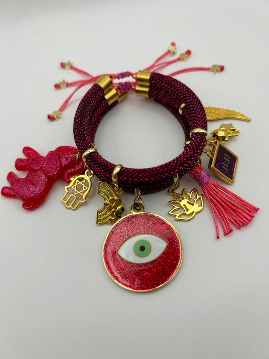 Fuchsia Metallic Cord Multi-Charm Bracelet – Pink Evil Eye, Elephant & Protection Symbols