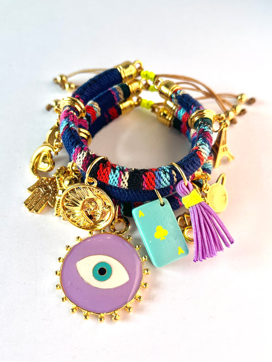 Bohemian Dark Blue Bracelets with Purple Evil Eye, Ace of clubs and Inspirational Charms.