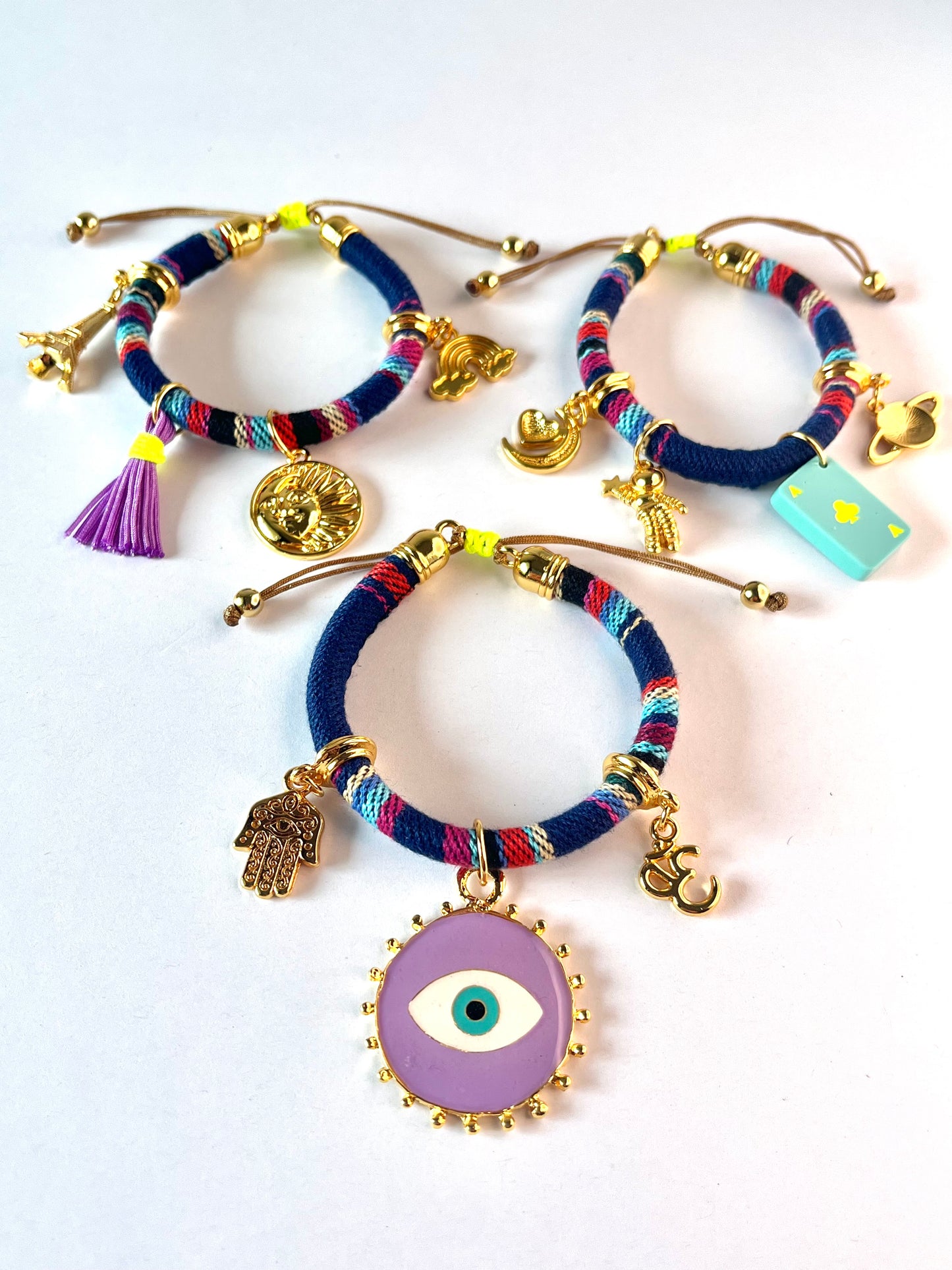 Bohemian Dark Blue Bracelets with Purple Evil Eye, Ace of clubs and Inspirational Charms.