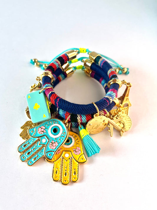 Bohemian Dark Blue Multicoloured Bracelet with Hamsa Hand Turquoise/Yellow and Ace of Clubs