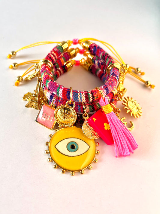 Bohemian Multicoloured Bracelet with Yellow Evil Eye Charm and Ace of Clubs