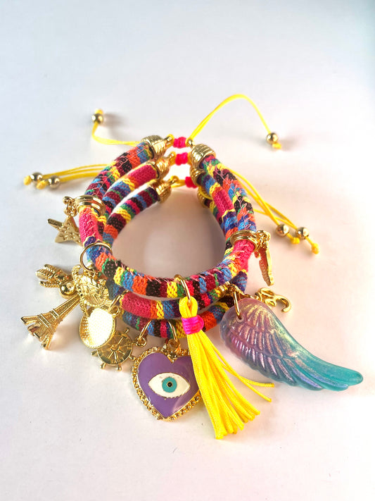 Bohemian Multicoloured Bracelet with Purple Heart Evil Eye Charm and Blue Wing