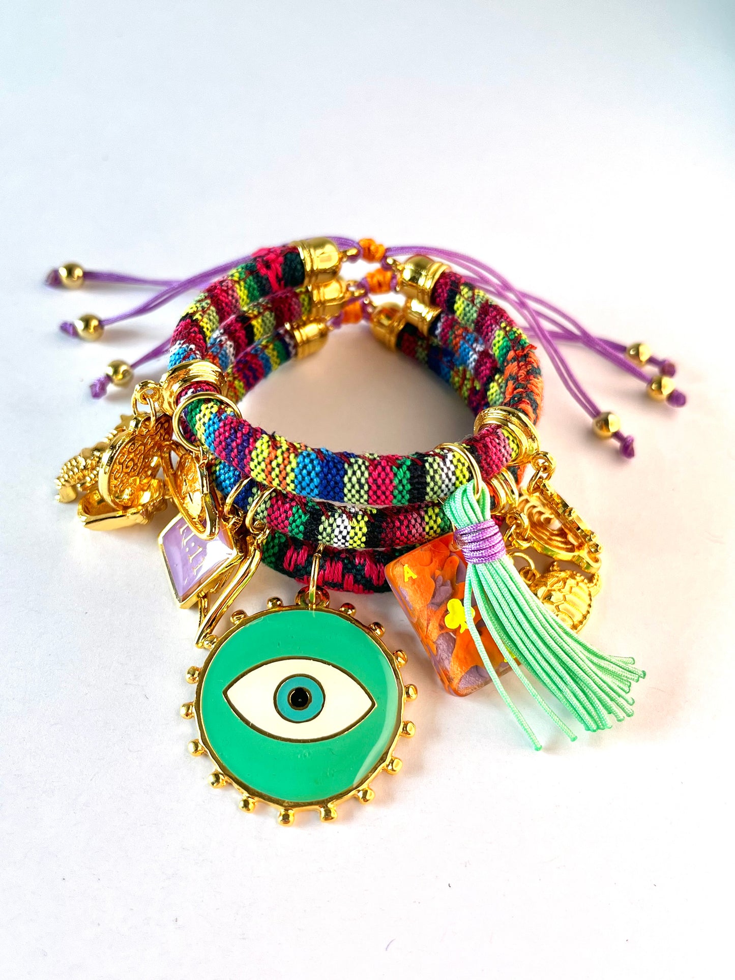 Bohemian Multicoloured Bracelet with Green Evil Eye Charm and Ace of Clubs