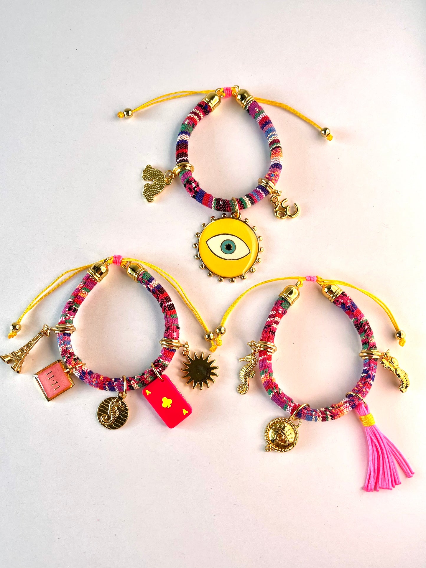 Bohemian Multicoloured Bracelet with Yellow Evil Eye Charm and Ace of Clubs