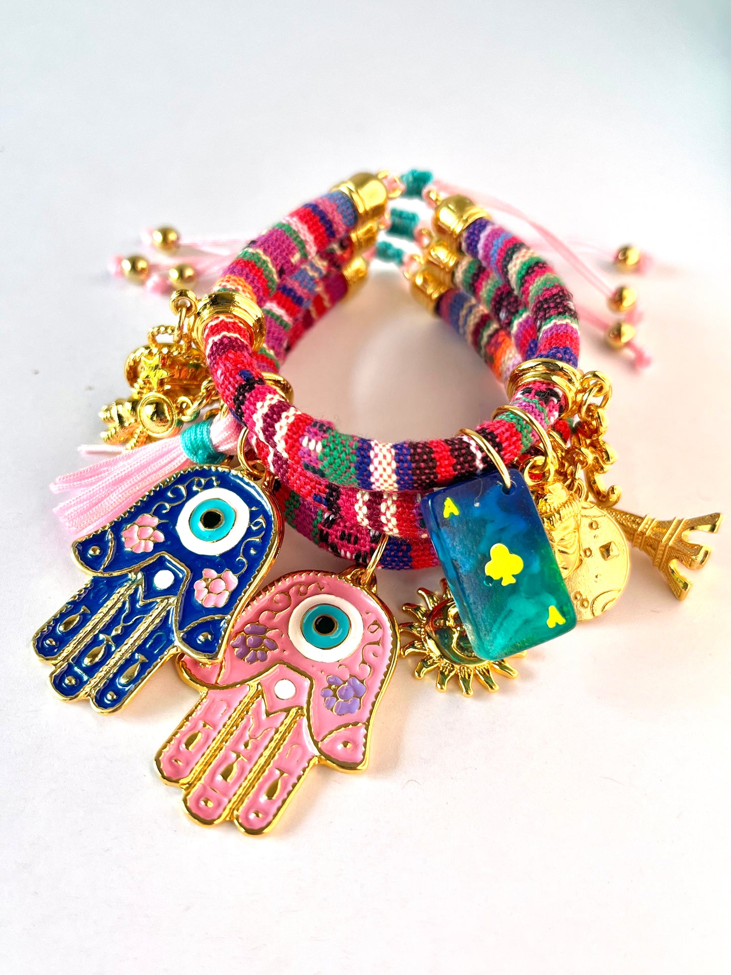 Bohemian Multicoloured Bracelet with Pink/Dark Blue Hamsa Hand Charms and Ace of Clubs