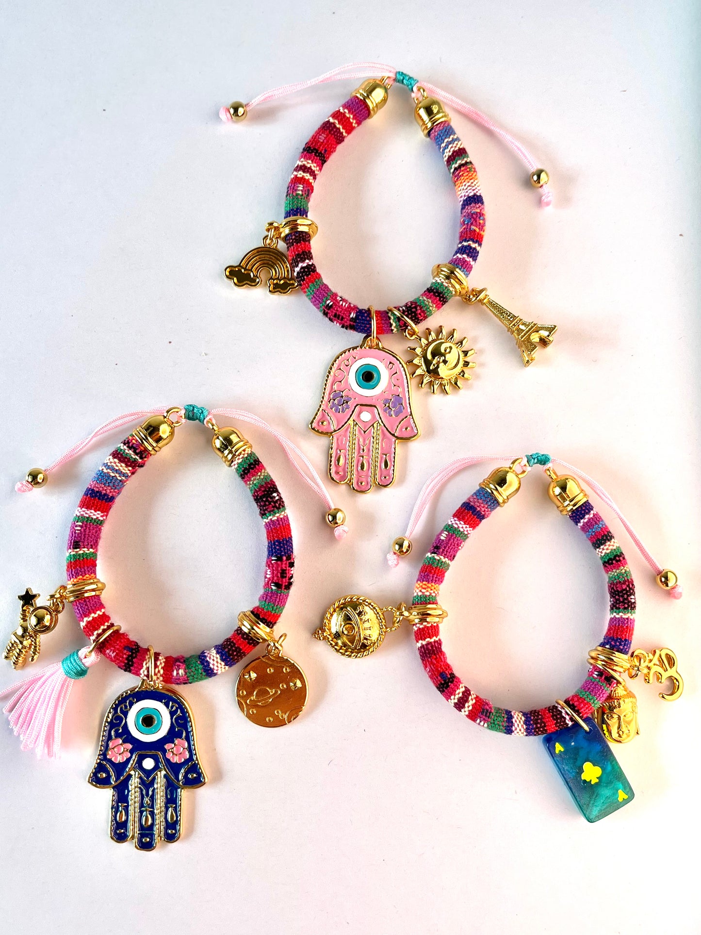 Bohemian Multicoloured Bracelet with Pink/Dark Blue Hamsa Hand Charms and Ace of Clubs