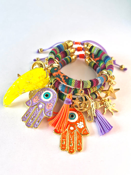 Bohemian Multicoloured Bracelet with Purple/Orange Hamsa Hand Charms and Neon Yellow Wing