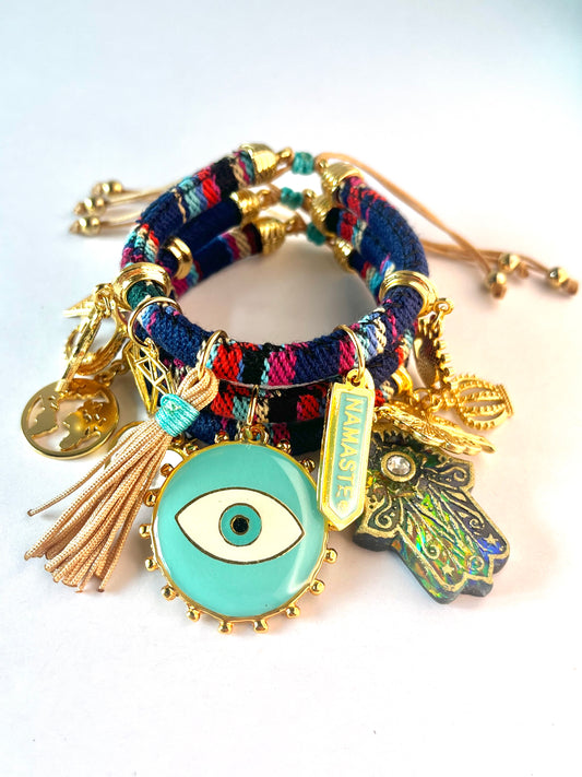 Bohemian Dark Blue Bracelet with Turquoise Evil Eye Charm, Hamsa Hand and Namaste