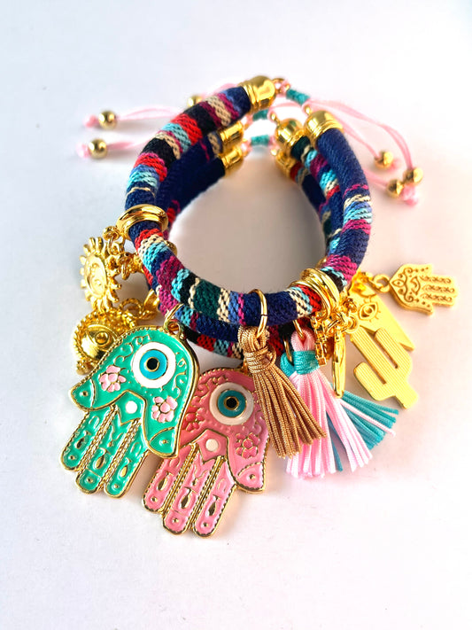 Bohemian Dark Blue Multicoloured Bracelet with Pink/Turquoise Hamsa Hand and Inspirational Charms