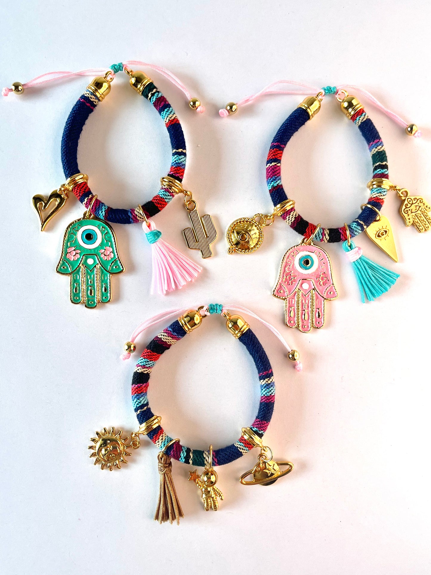 Bohemian Dark Blue Multicoloured Bracelet with Pink/Turquoise Hamsa Hand and Inspirational Charms