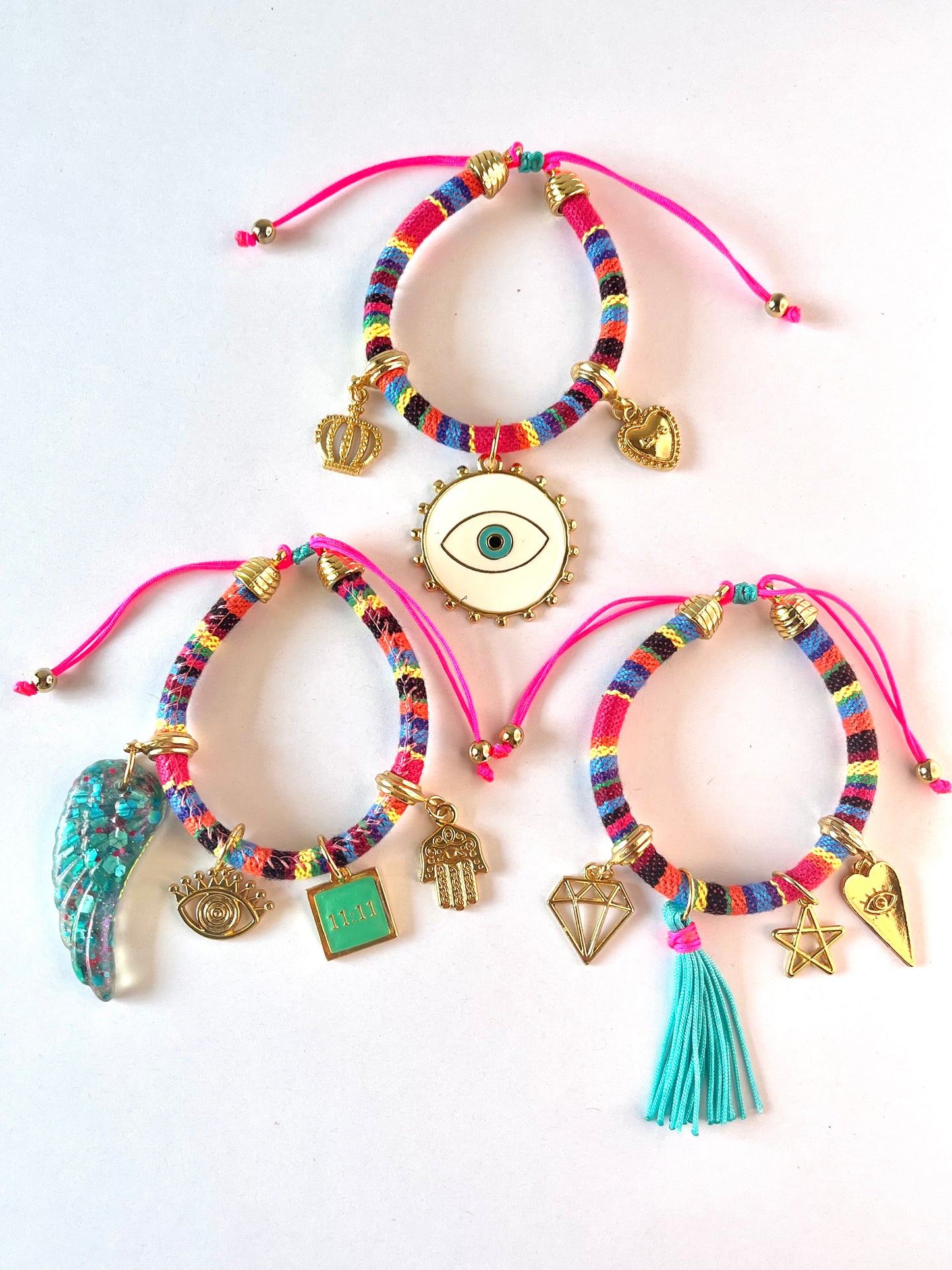 Bohemian Multicoloured Bracelet with White Evil Eye Charm and Turquoise Wing