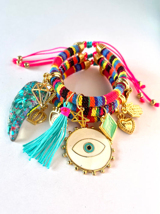 Bohemian Multicoloured Bracelet with White Evil Eye Charm and Turquoise Wing