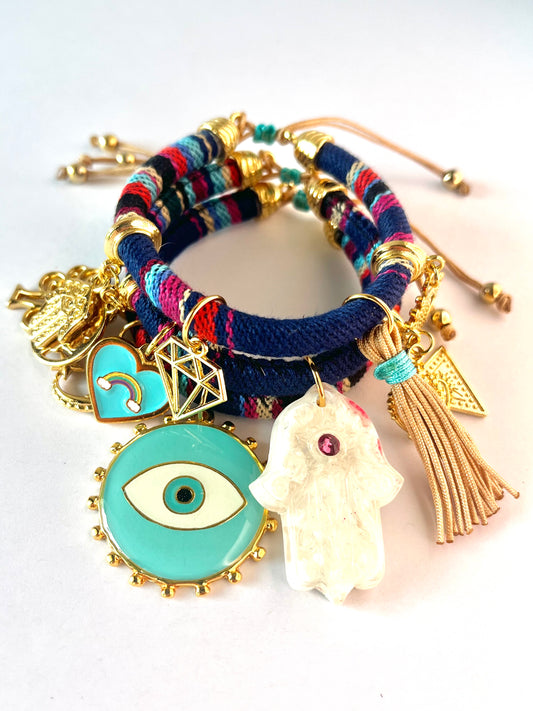 Bohemian Dark Blue Bracelet with Turquoise Evil Eye Charm and White Hamsa Hand