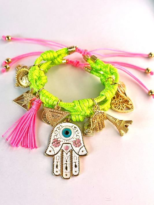 Neon Green Vibora Bracelet with White Hamsa Hand, Pink Cord and Lucky Charms.