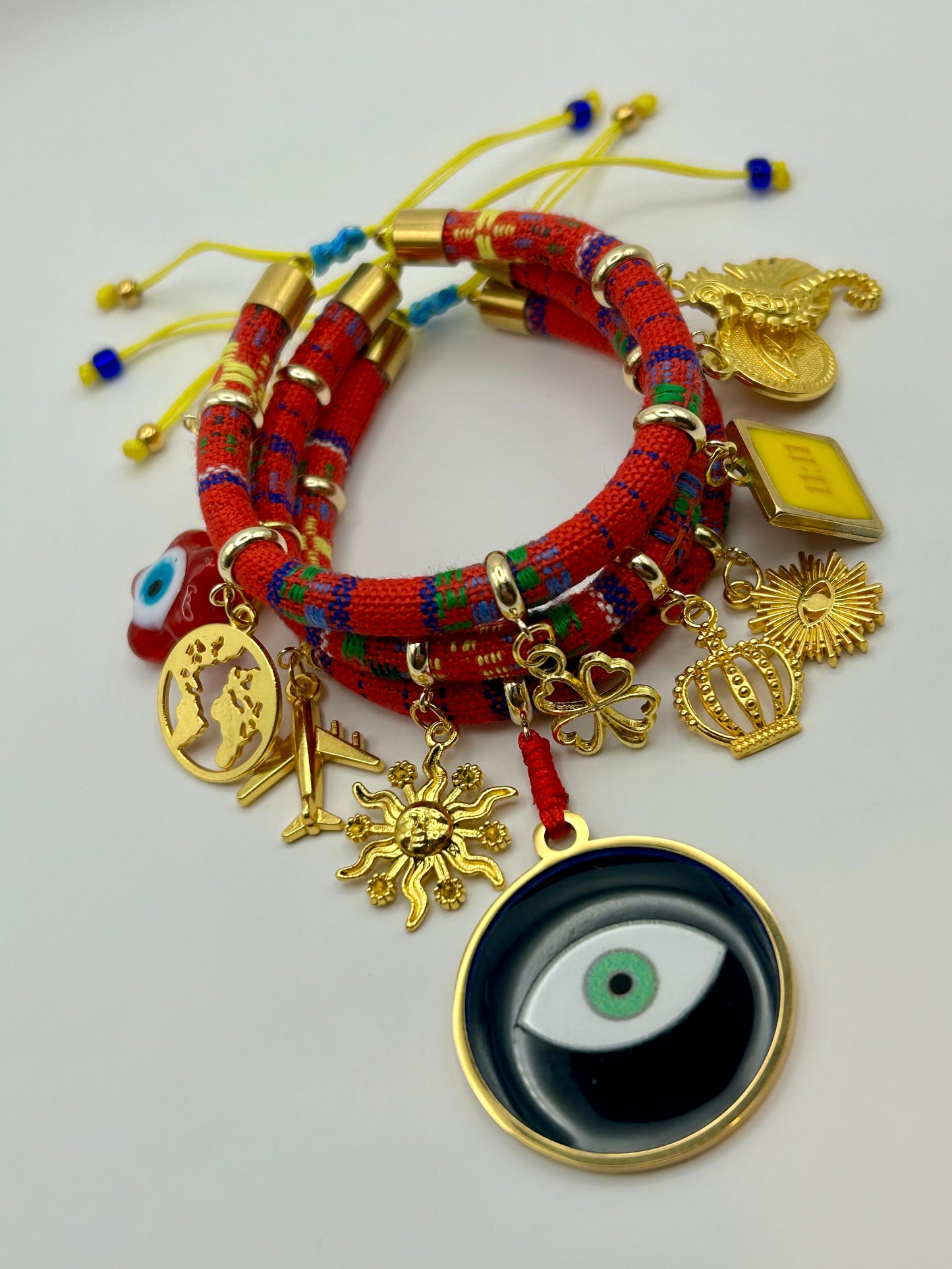 Red Evil Eye Bracelet Handmade – Gold Charms for Protection