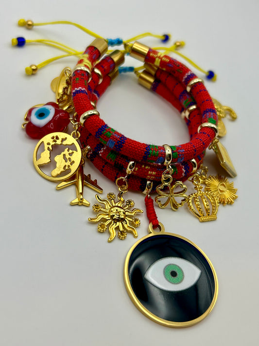 Red Evil Eye Bracelet Handmade – Gold Charms for Protection