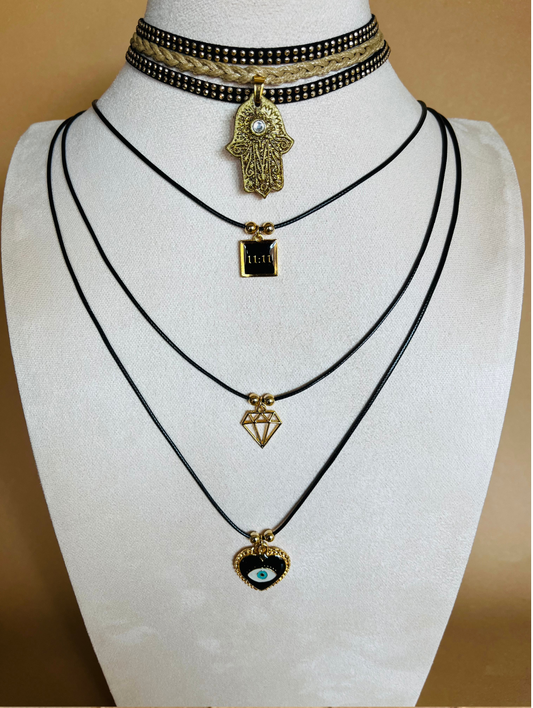 Elegant Layered Choker Necklace Set with Golden Charms and Hamsa Hand